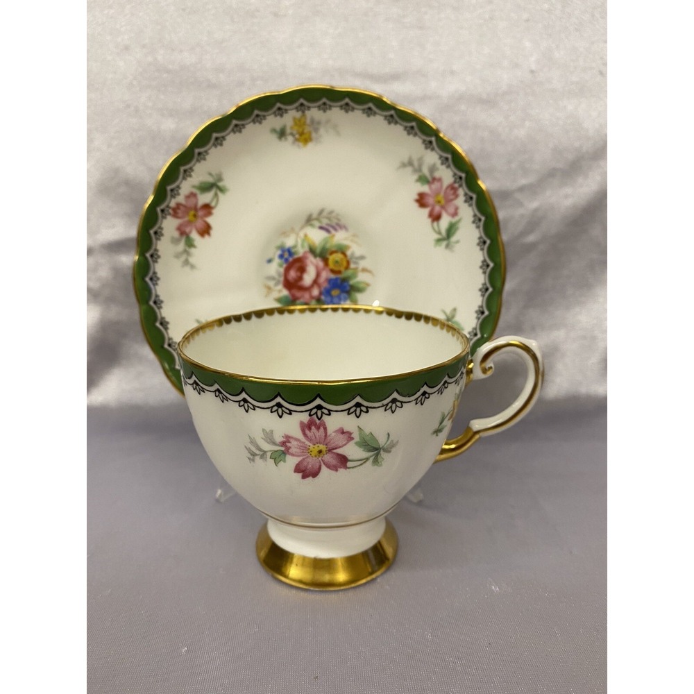 Tuscan Emerald Green Floral Hand Painted Tea Cup & Saucer Set Gold Trim England